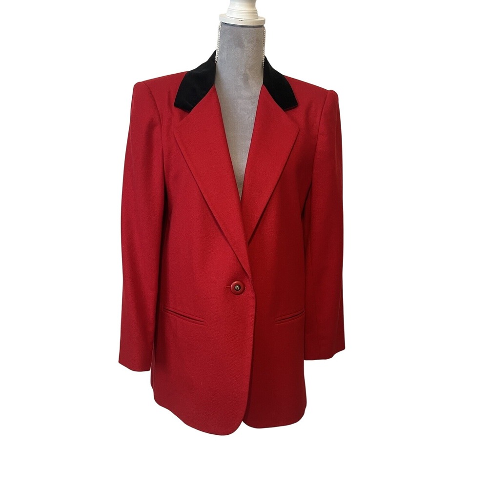Red 100% Wool Blazer Jacket Sz 10P  Velvet‎ Neck One Button Vintage Old Money